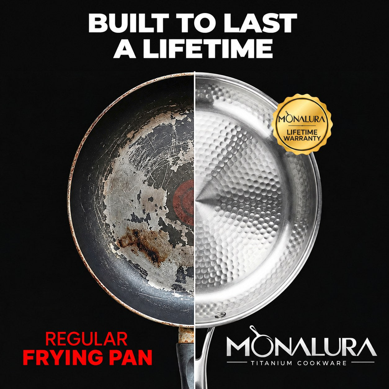 A worn frying pan next to the Monalura titanium pan
