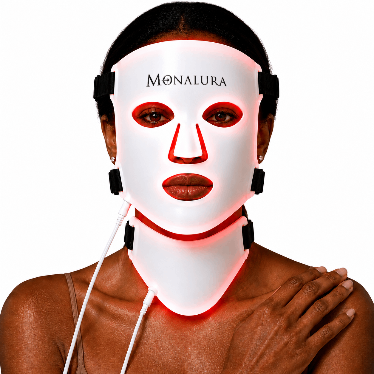 Woman wearing Monalura LeDuo LED mask