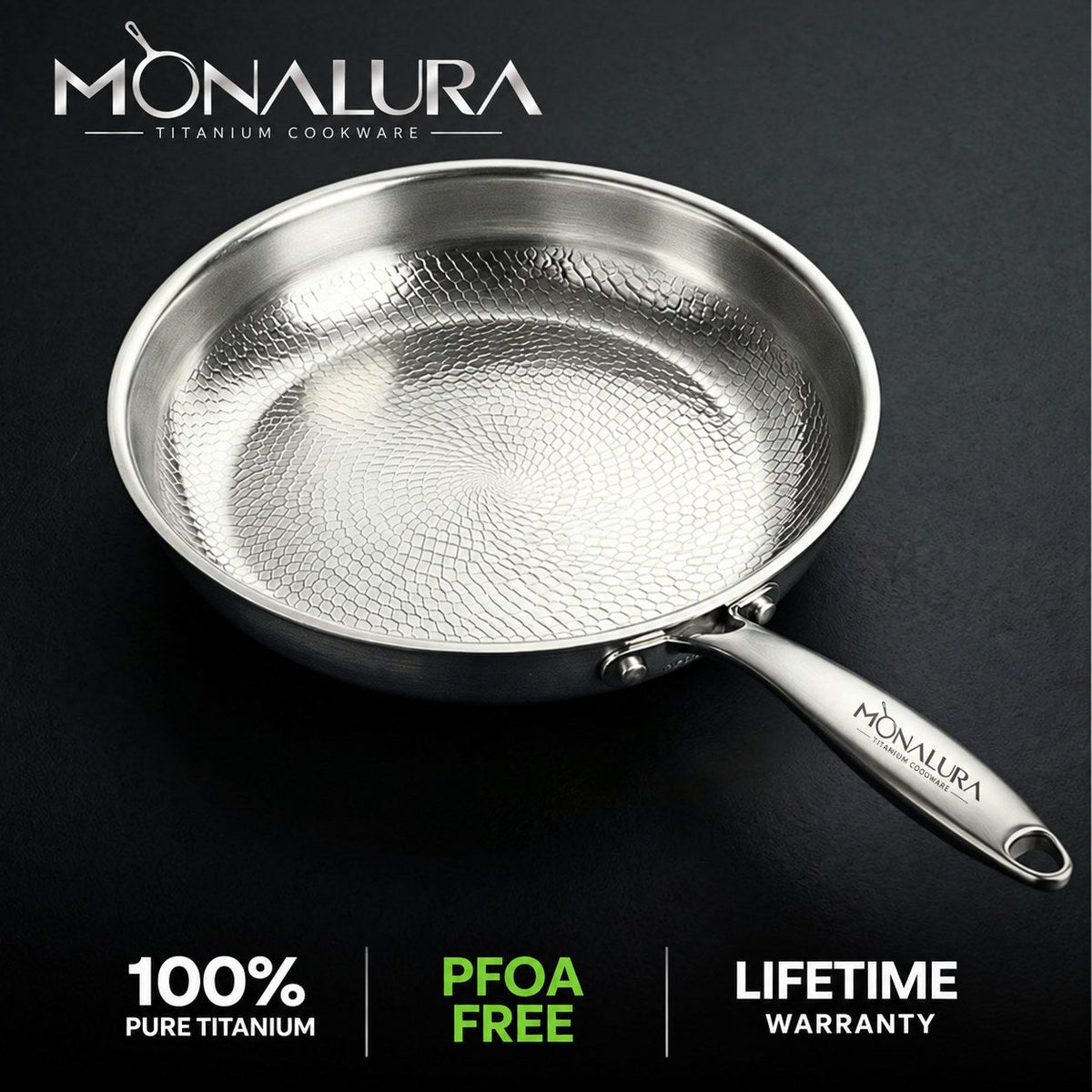 Monalura pan with 100% pure titanium, PFOA free and lifetime warranty badges