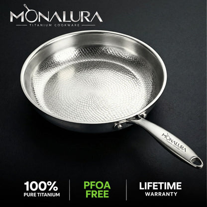 Monalura pan with 100% pure titanium, PFOA free and lifetime warranty badges