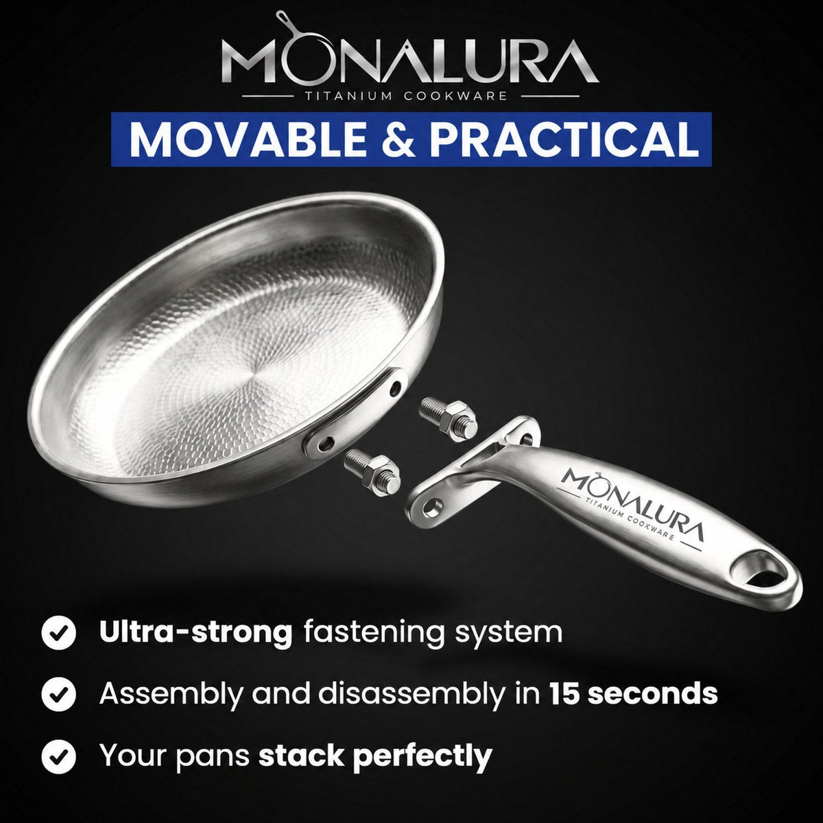 The Monalura pan with its removable handle and fastening system