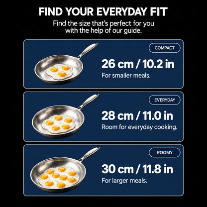 Size guide for 26 cm, 28 cm and 30 cm pans