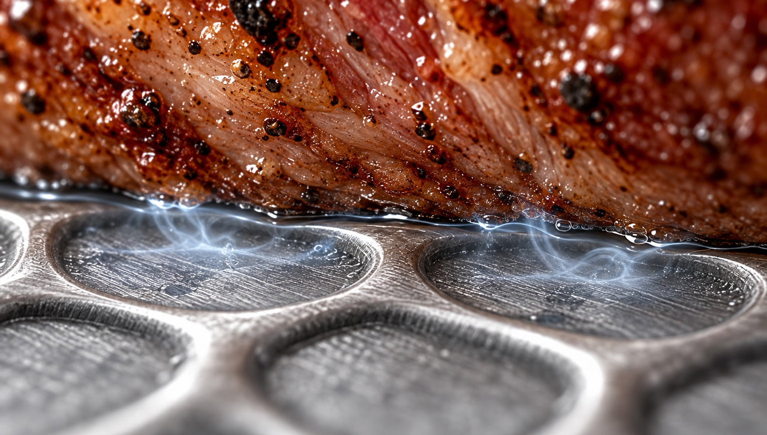 Close-up of a steak resting on the raised borders of the Levitanium surface, with vapour in the recesses beneath it