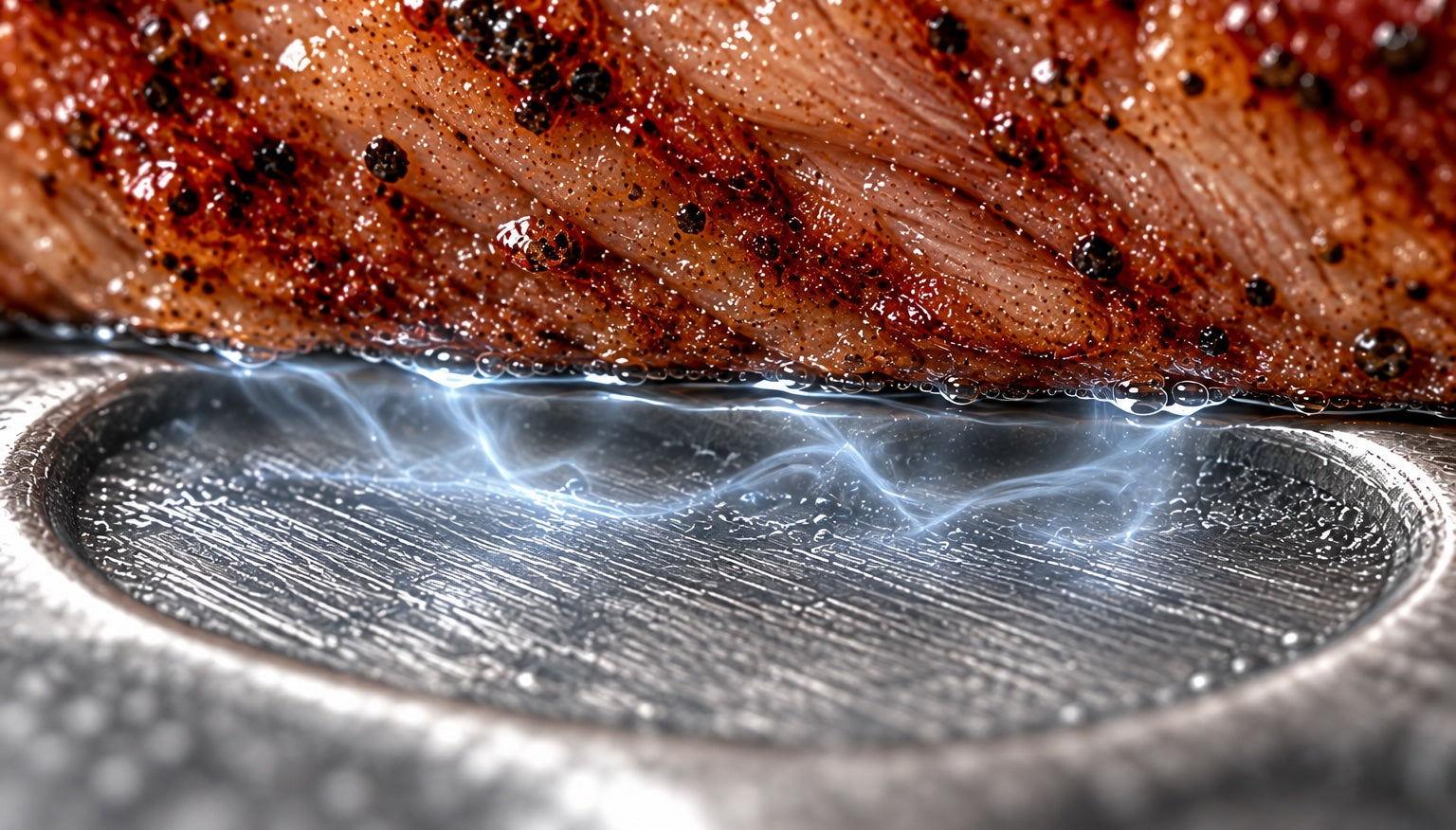 Extreme close-up inside a single recess, showing the vapour layer holding the food above the metal