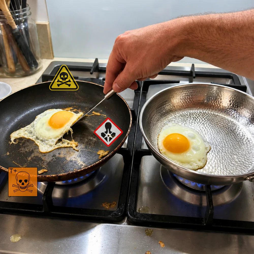 An egg tearing apart in a scratched non-stick pan marked with hazard symbols, beside an egg releasing cleanly in the Monalura pan