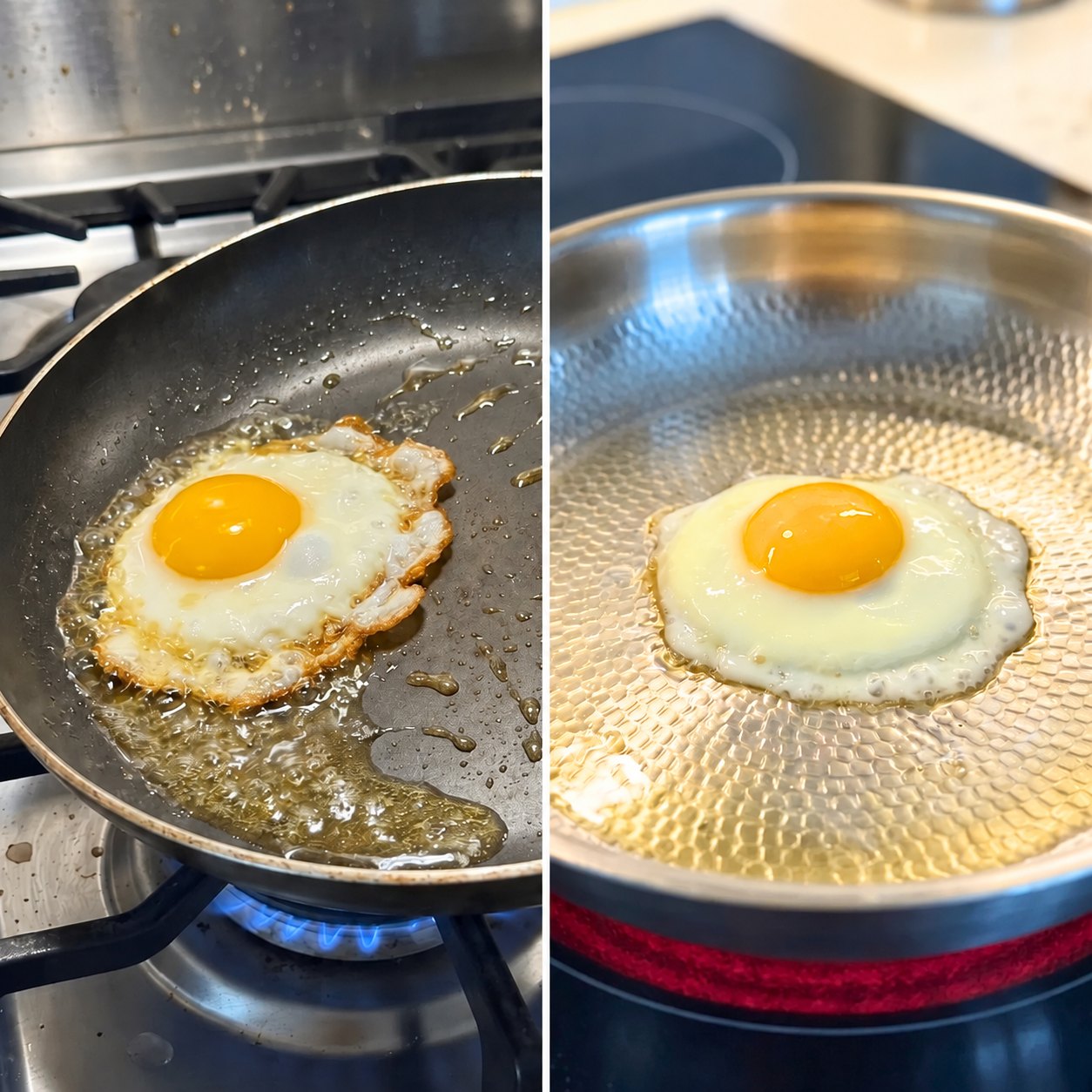 The same fried egg cooked in a flat pan swimming in oil, and in the Monalura pan with a light film